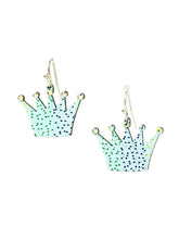 Load image into Gallery viewer, Mardi Gras Crown Earrings – Handmade in New Orleans | Jeweled White Crown with Purple, Green &amp; Gold Accents | Stainless Steel, Lightweight &amp; Hypoallergenic Jewelry