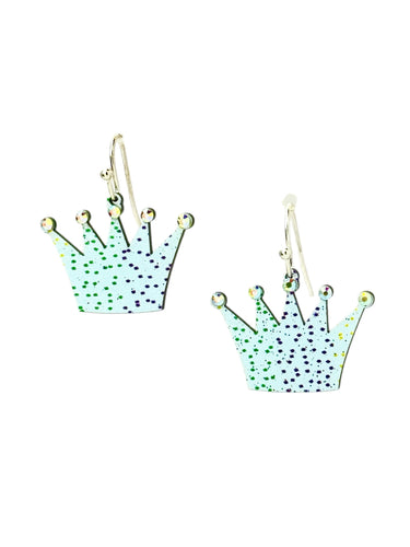 Mardi Gras Crown Earrings – Handmade in New Orleans | Jeweled White Crown with Purple, Green & Gold Accents | Stainless Steel, Lightweight & Hypoallergenic Jewelry