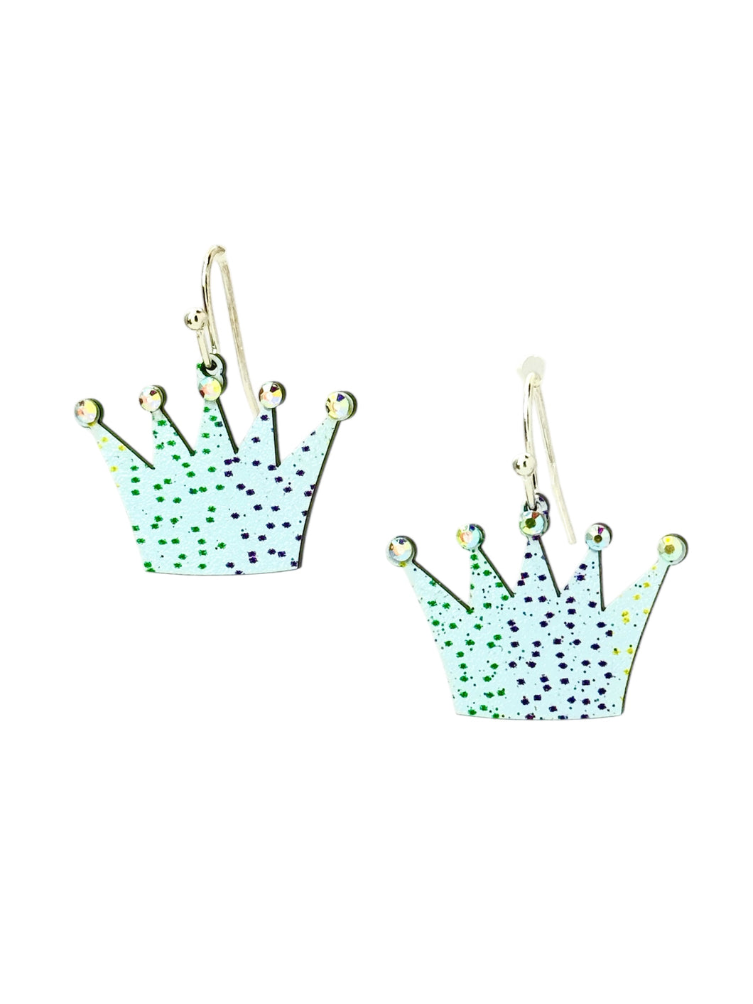 Mardi Gras Crown Earrings – Handmade in New Orleans | Jeweled White Crown with Purple, Green & Gold Accents | Stainless Steel, Lightweight & Hypoallergenic Jewelry