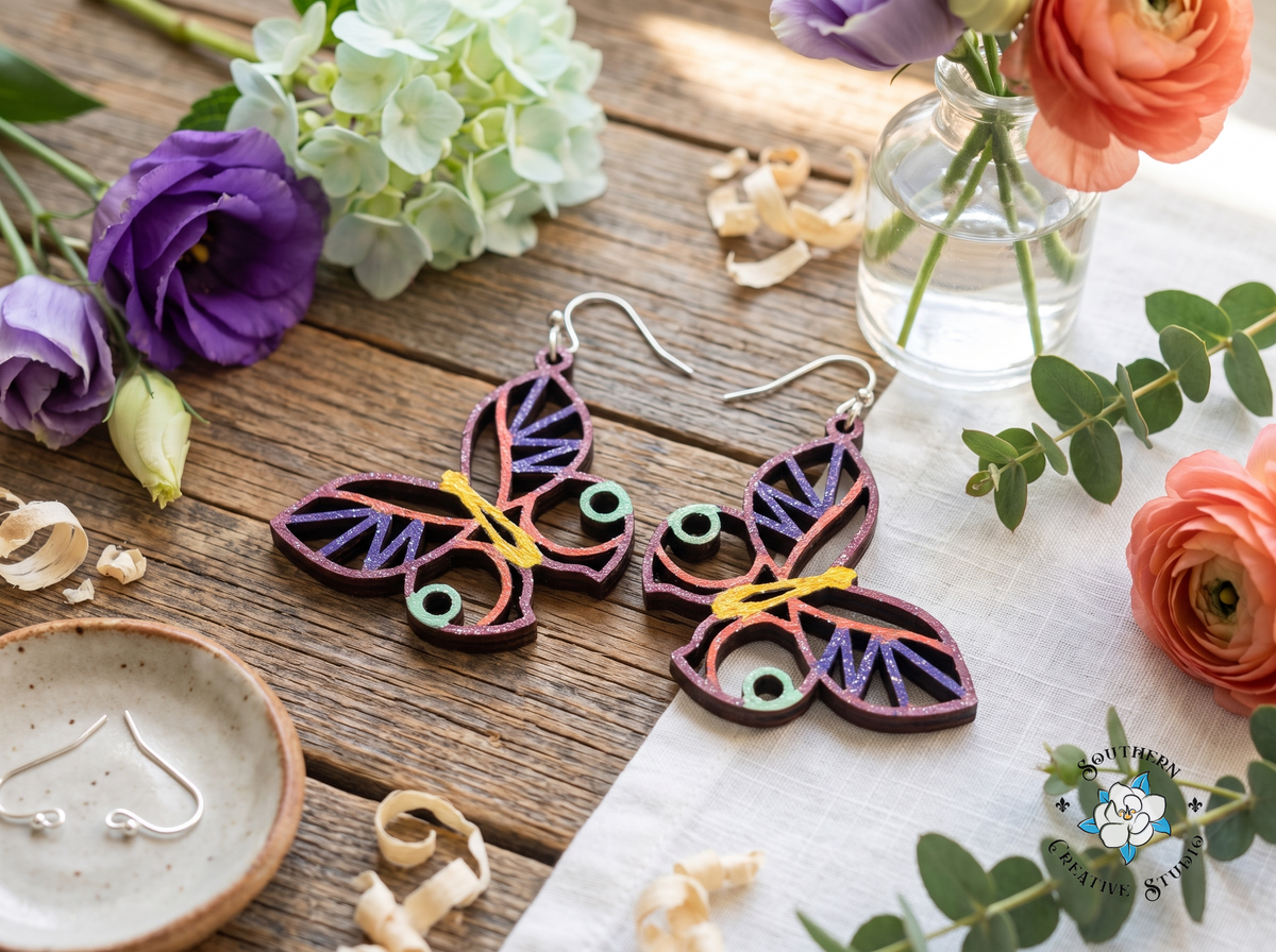 Mint circle butterfly earrings with lisianthus, hydrangea and ranunculus on rustic wood and linen