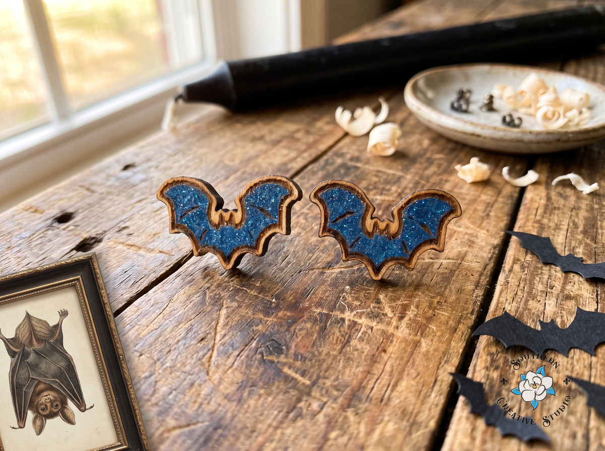 Blue bat wood stud earrings with vintage bat print and paper bats