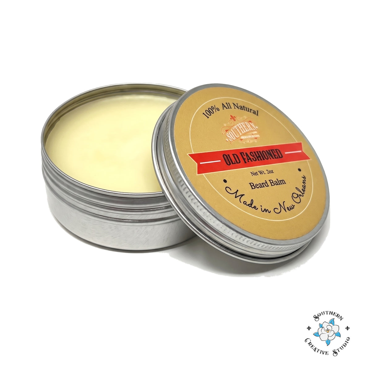 Southern Creative Studio Old Fashioned beard balm, open 2 oz tin with lid on white background