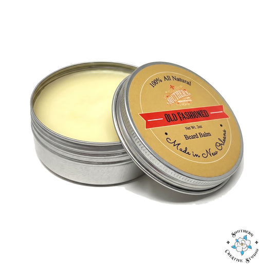 Southern Creative Studio Old Fashioned beard balm, open 2 oz tin with lid on white background
