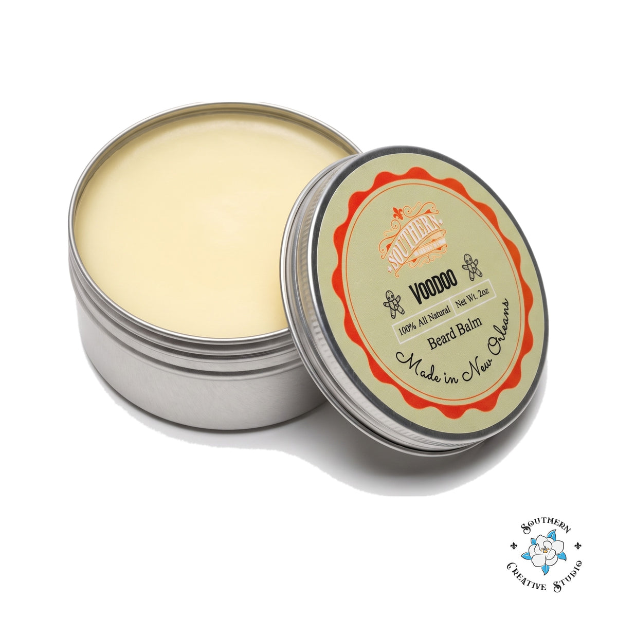 Southern Creative Studio Voodoo beard balm, open 2 oz tin with lid on white background