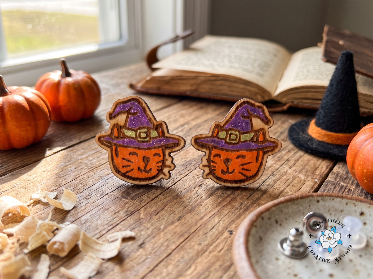 Witch cat wood stud earrings with mini pumpkins, spellbook and witch hat