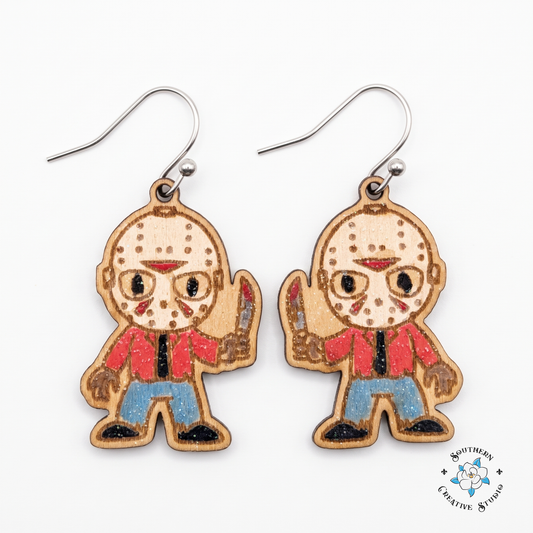 Hand-painted wood hockey mask slasher dangle earrings on white background