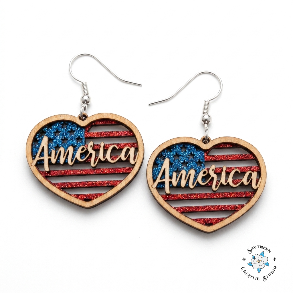 America Heart Earrings product shot on white background – Southern Creative Studio