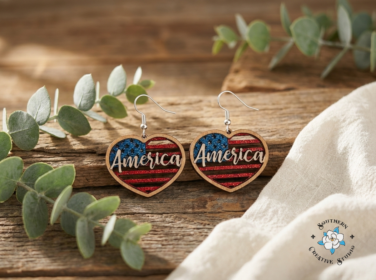 America Heart hand-painted wood flag earring styled on rustic wood with greenery