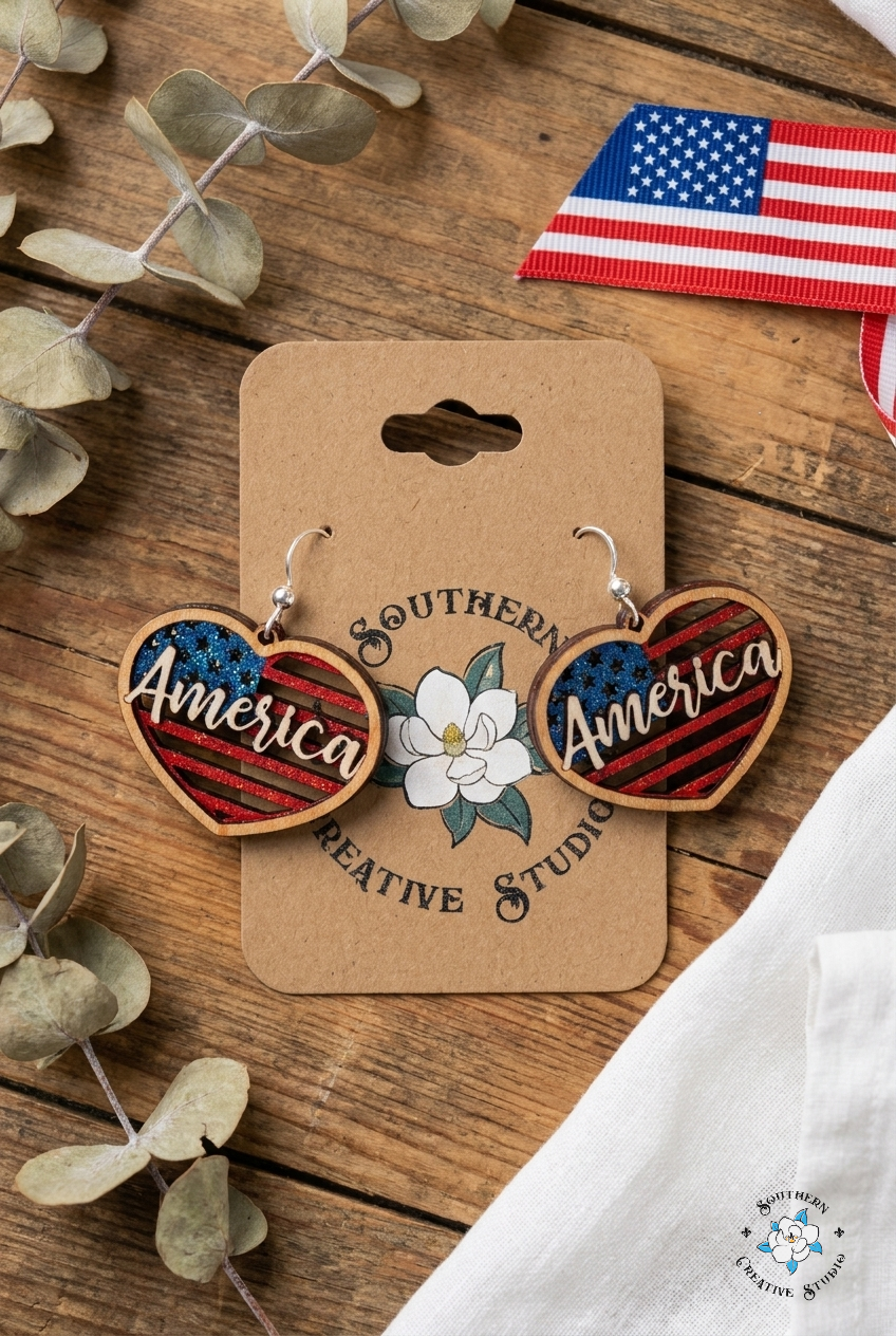 Flat lay moodboard of America Heart hand-painted wood flag earrings on Southern Creative Studio card