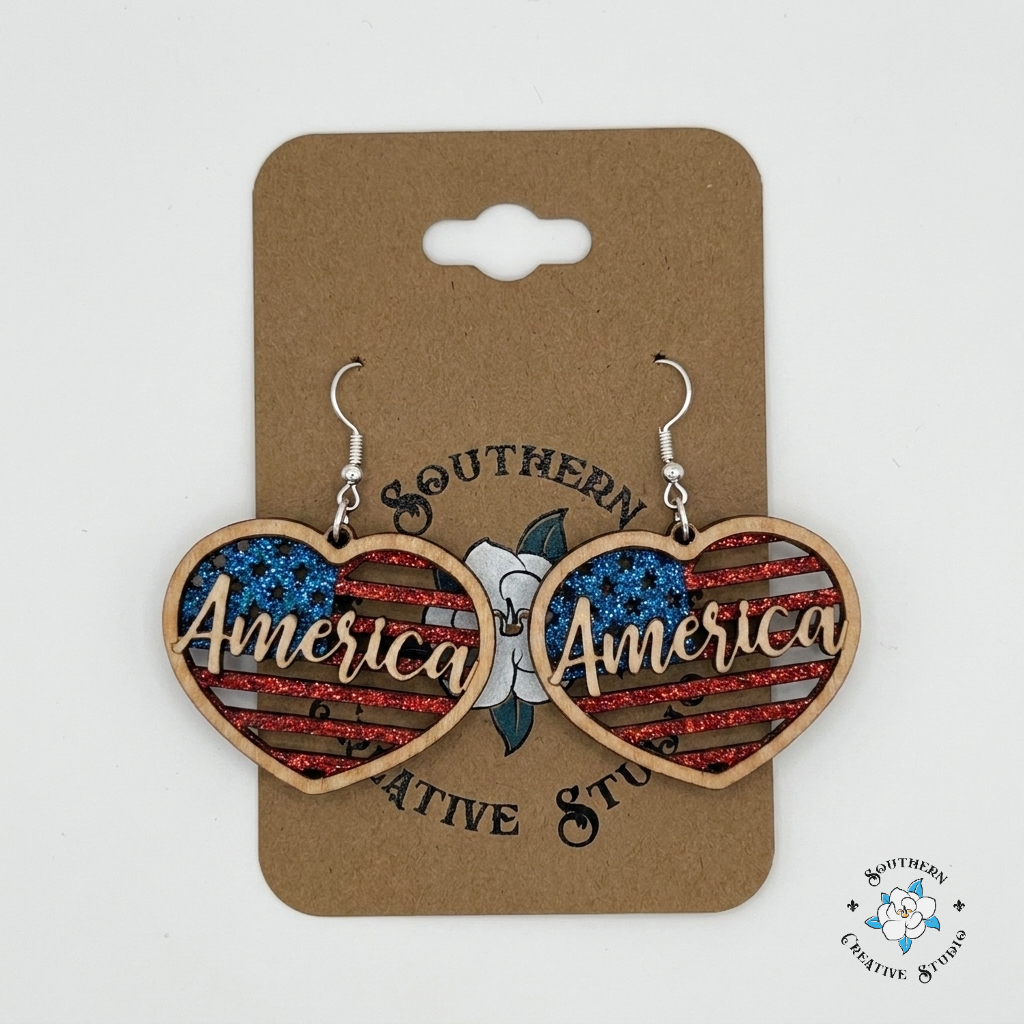 America Heart Earrings on Southern Creative Studio card – hand-painted flag design