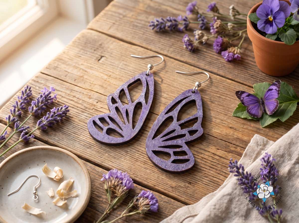 Purple butterfly wing wood earrings on rustic table with lavender, pansies and a purple butterfly