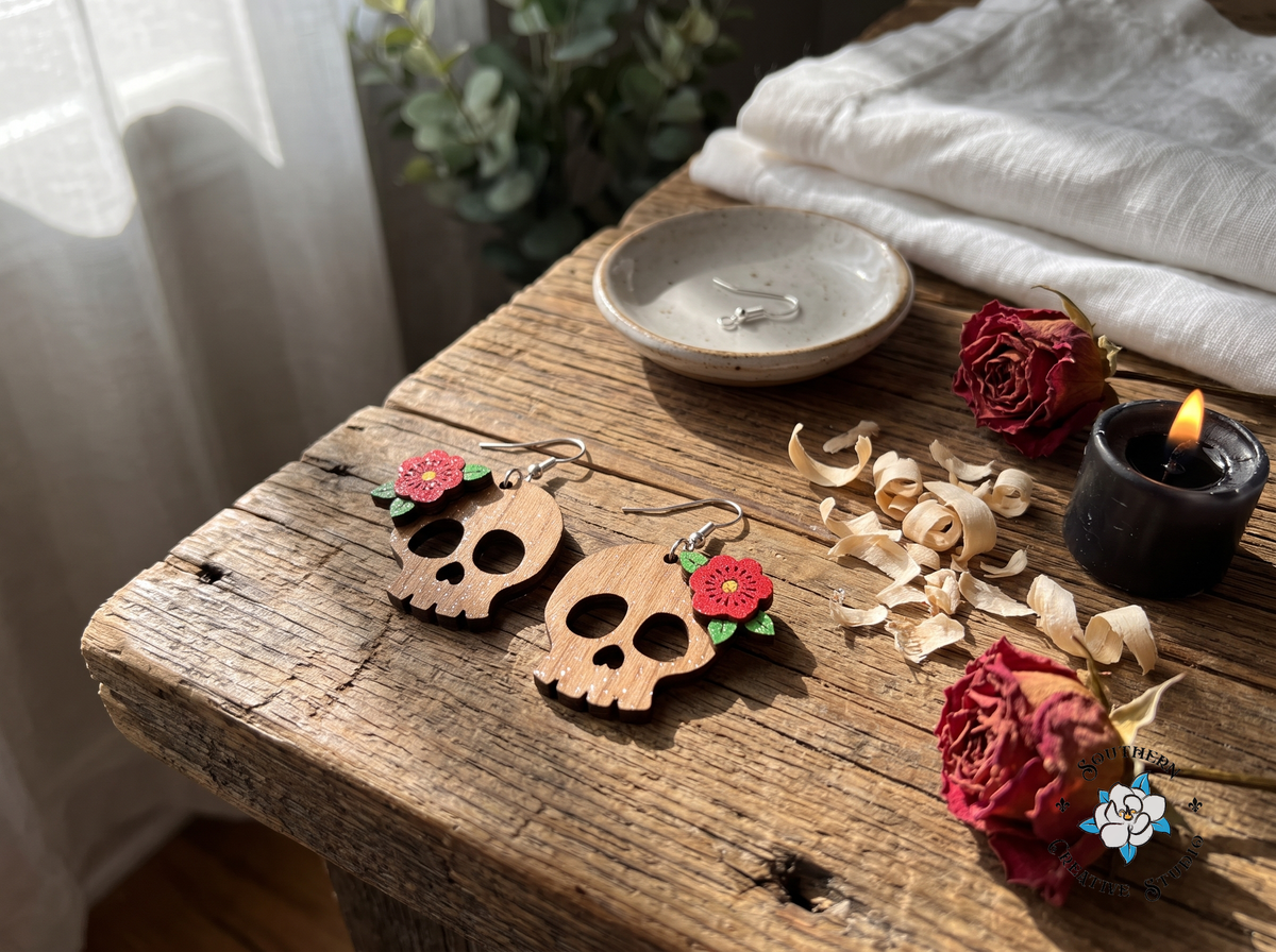 Handmade gothic skull earrings with red flower styled on rustic wood with dried roses and candle