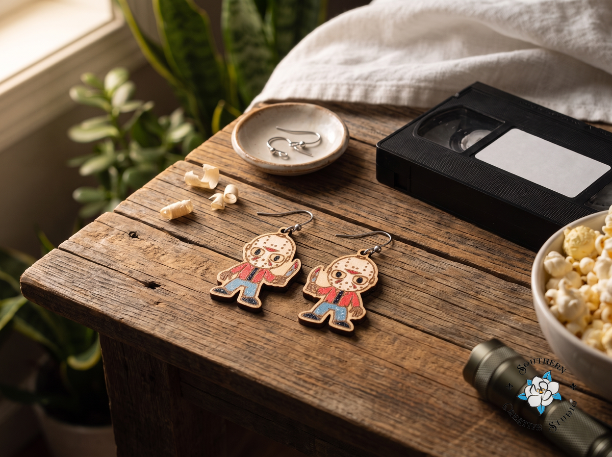 Slasher earrings on rustic wood table with VHS tape, popcorn and flashlight