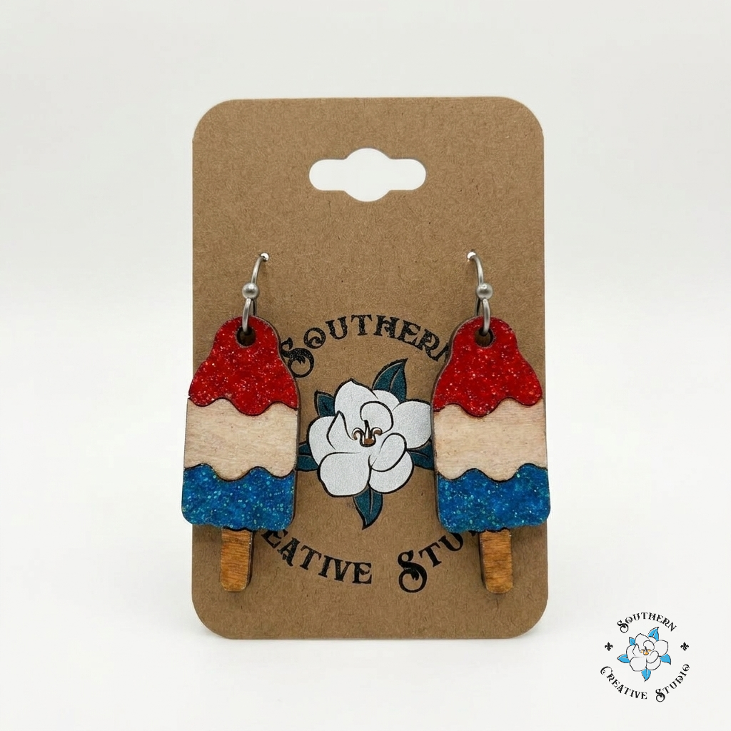 Bomb Pop Popsicle Earrings on Southern Creative Studio card – hand-painted wood