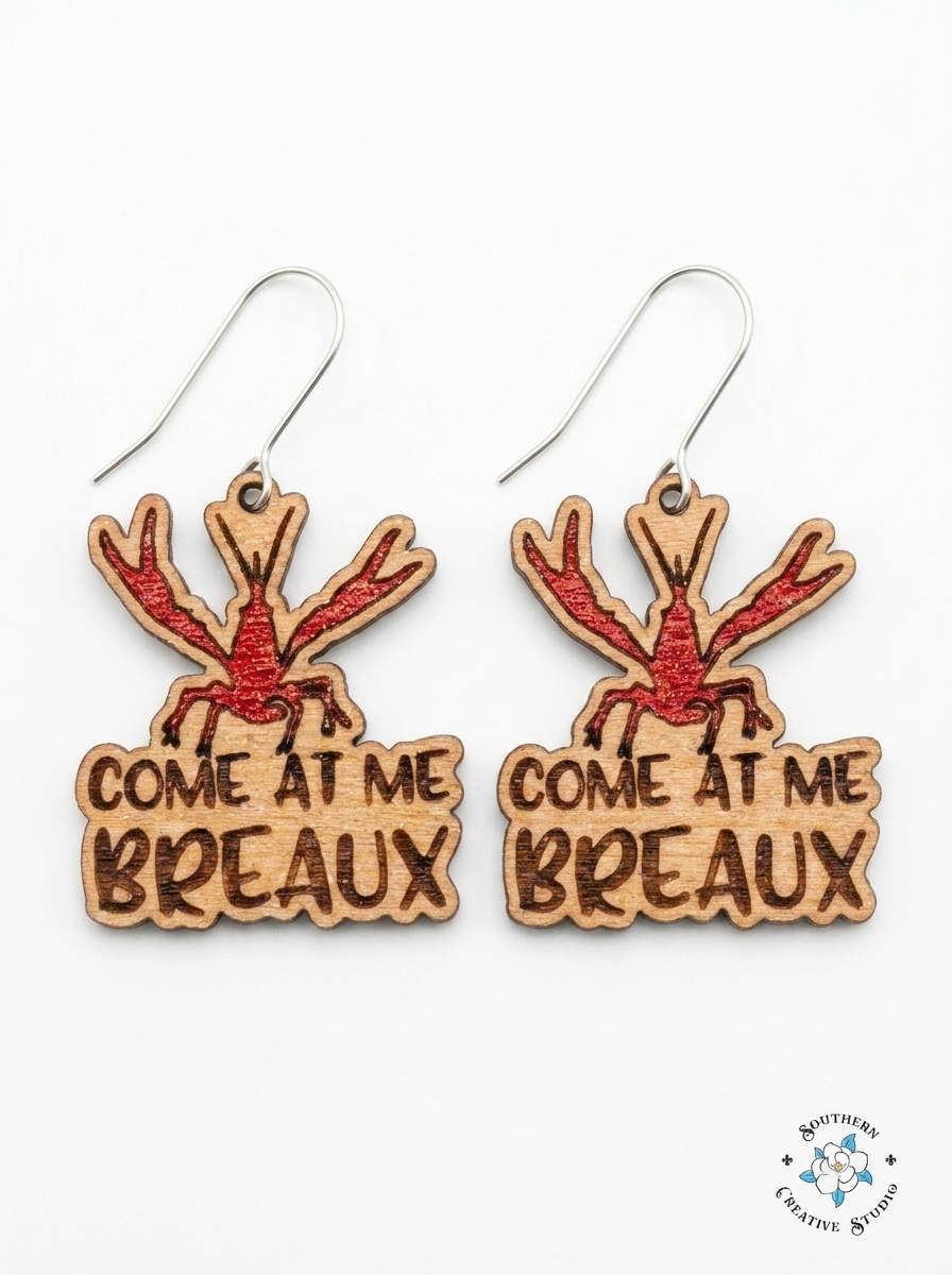 Come At Me Breaux crawfish earrings product shot on white background – Southern Creative Studio