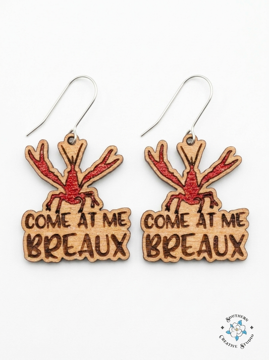 Come At Me Breaux crawfish earrings product shot on white background – Southern Creative Studio