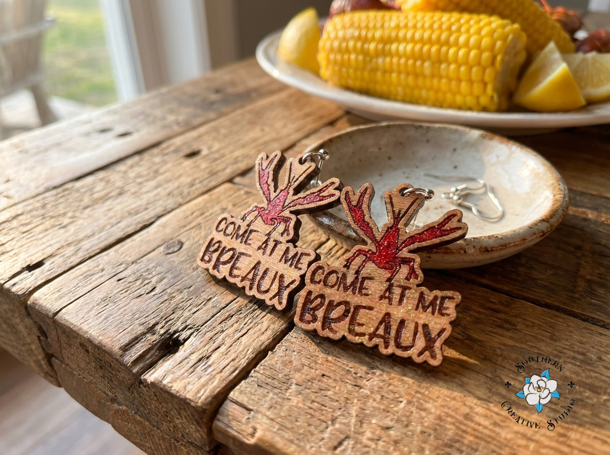 Come At Me Breaux crawfish hand-painted wood earring styled with a Louisiana crawfish boil spread