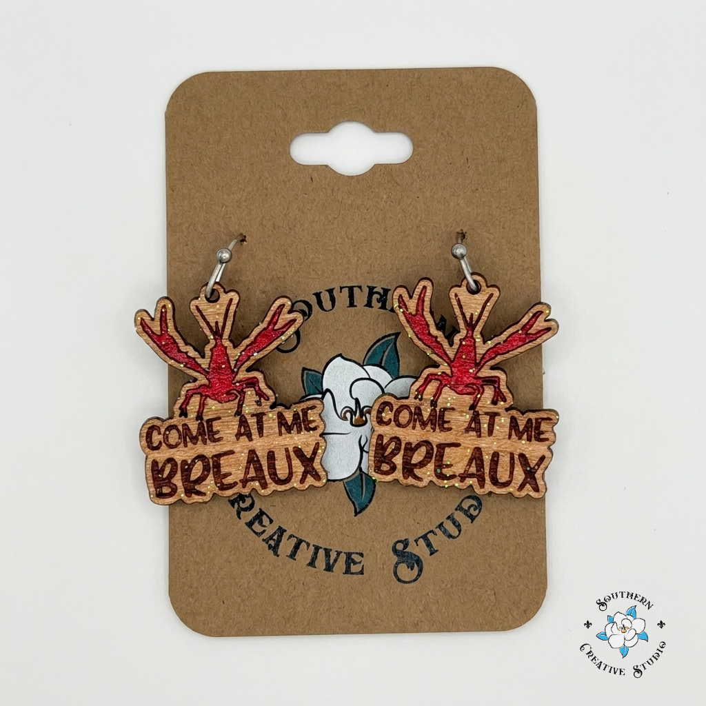 Come At Me Breaux crawfish earrings on Southern Creative Studio wood card – hand-painted glitter wood