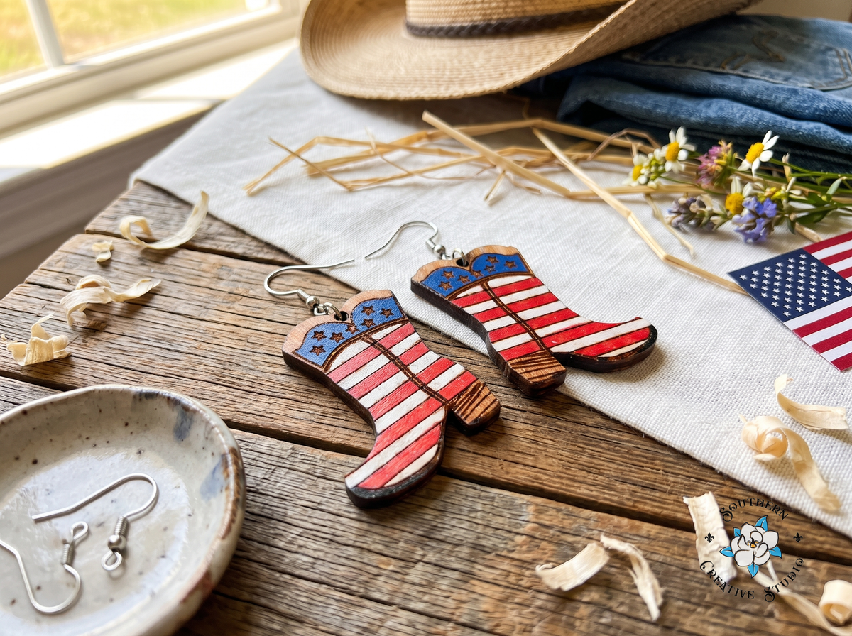 American flag cowboy boot earrings with straw hat, denim and wildflowers on rustic wood