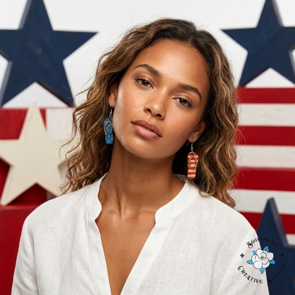 USA Flip Flop Earrings on model – handmade summer jewelry