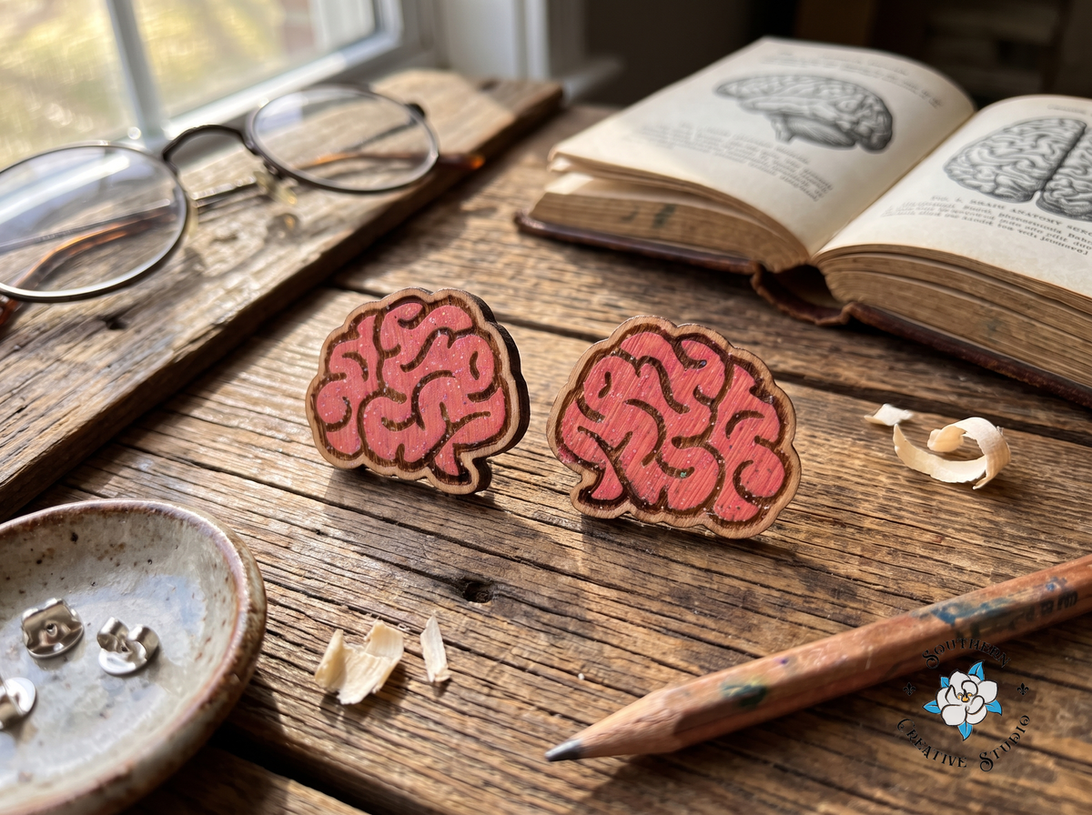 Pink brain wood stud earrings with brain anatomy book and glasses