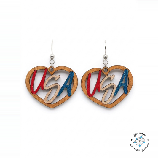 USA Heart Earrings hand-painted wood earrings on white background – Southern Creative Studio