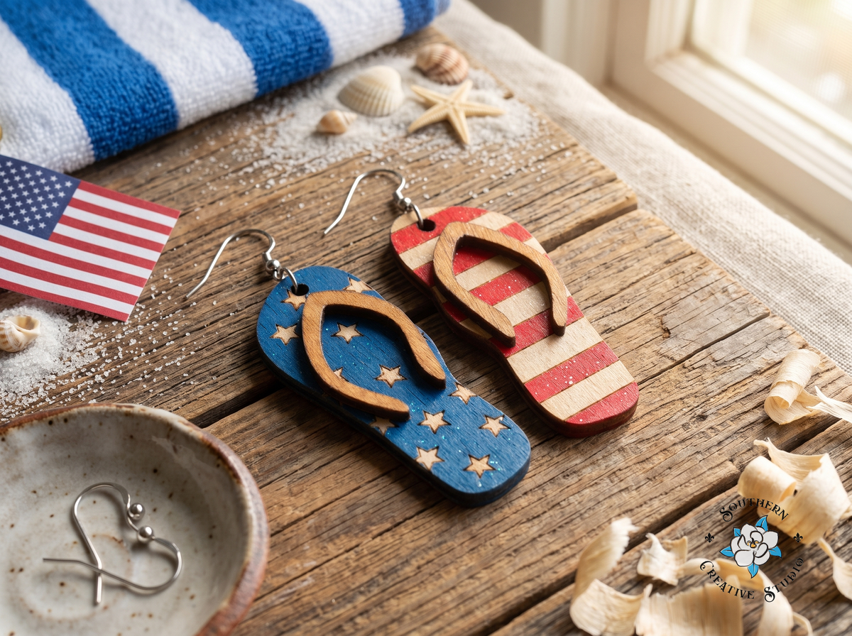 USA flip flop mix and match earrings with sand, seashells and beach towel on rustic wood