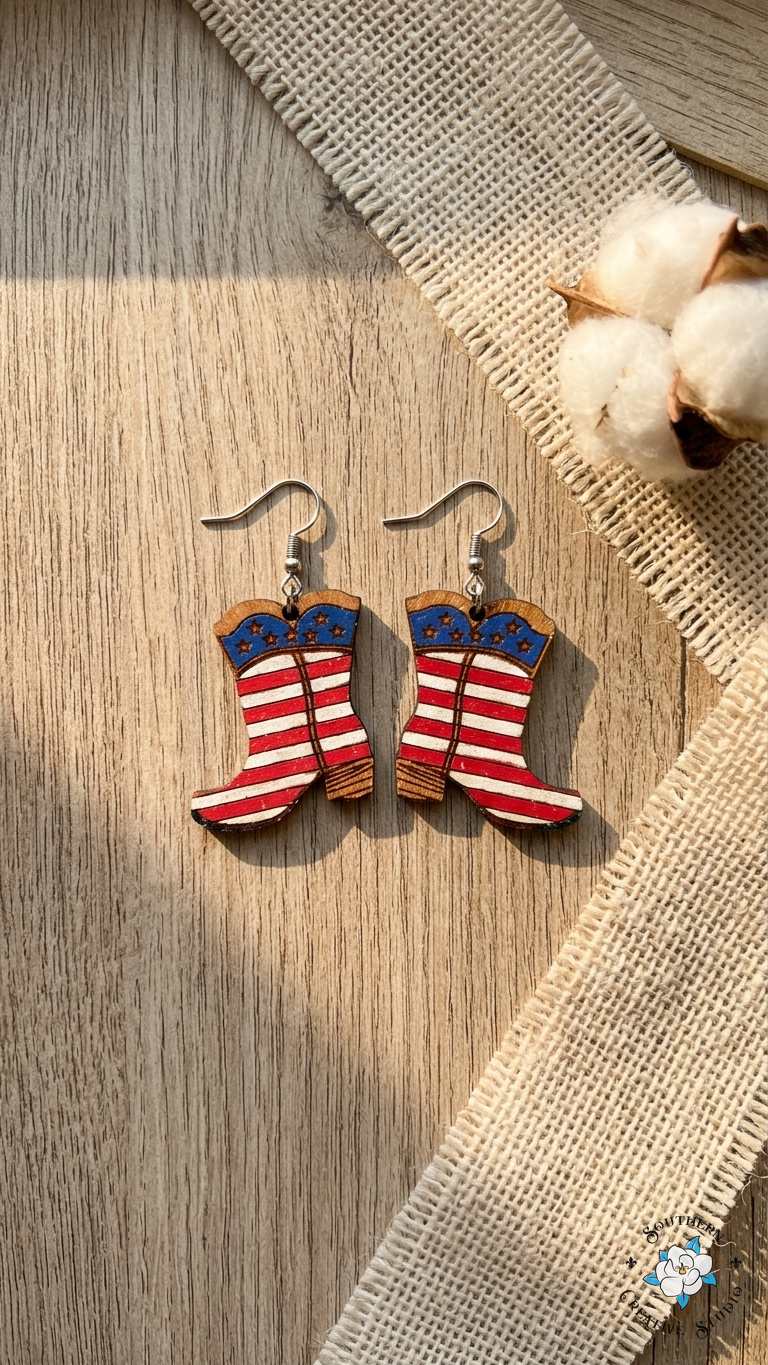 American Flag Cowboy Boot Earrings flat lay – western patriotic jewelry
