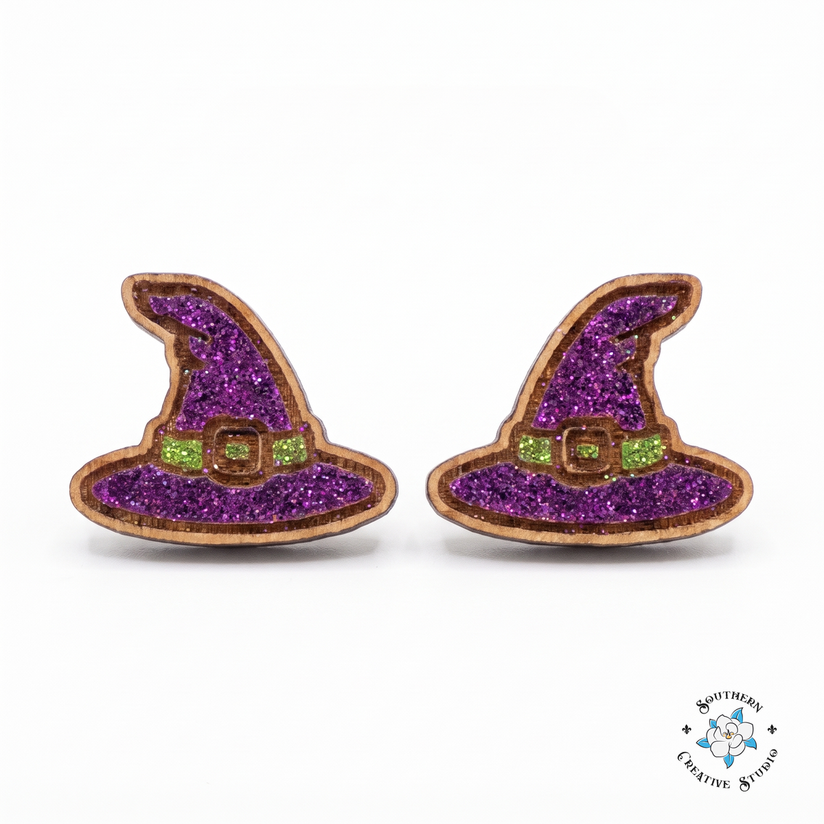 Purple witch hat wood stud earrings, hand-painted, on white background