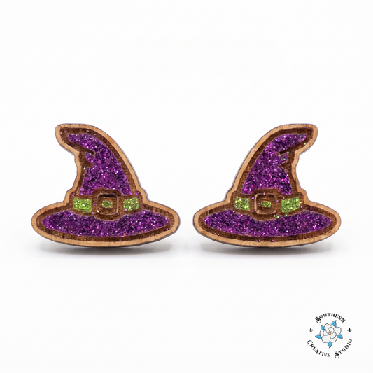 Purple witch hat wood stud earrings, hand-painted, on white background