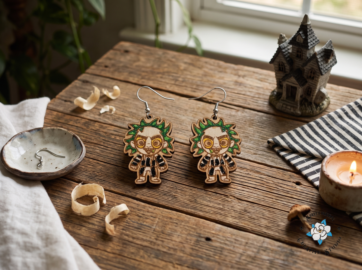 Ghoul earrings on rustic wood table with haunted house, striped cloth and candle
