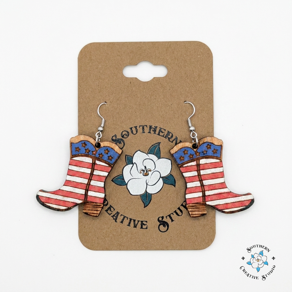 American Flag Cowboy Boot Earrings on Southern Creative Studio card – hand-painted wood