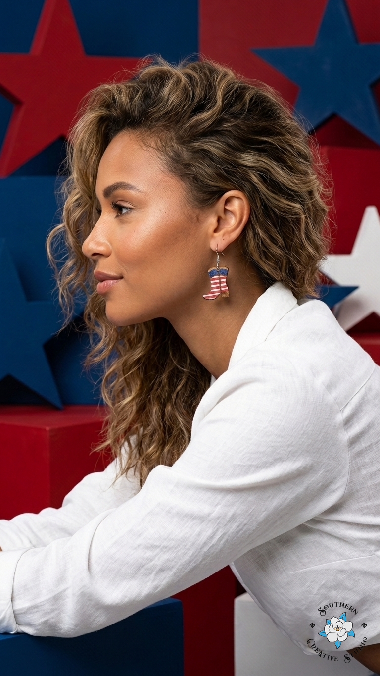 American Flag Cowboy Boot Earrings on model – handmade cowgirl jewelry