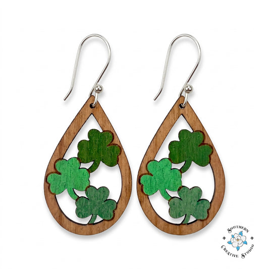 St. Patrick's teardrop cherry wood three clover cutout earrings on white