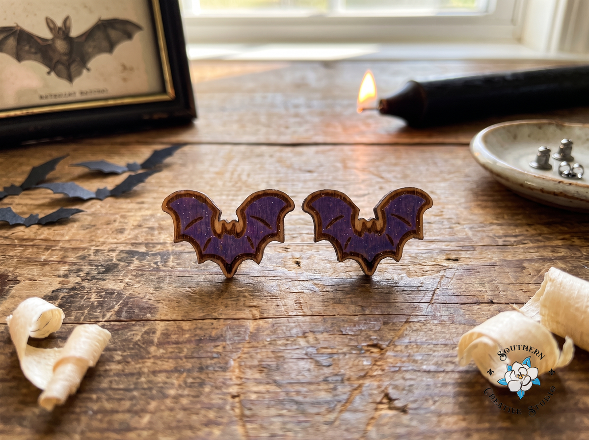 Purple bat wood stud earrings with vintage bat print and paper bats