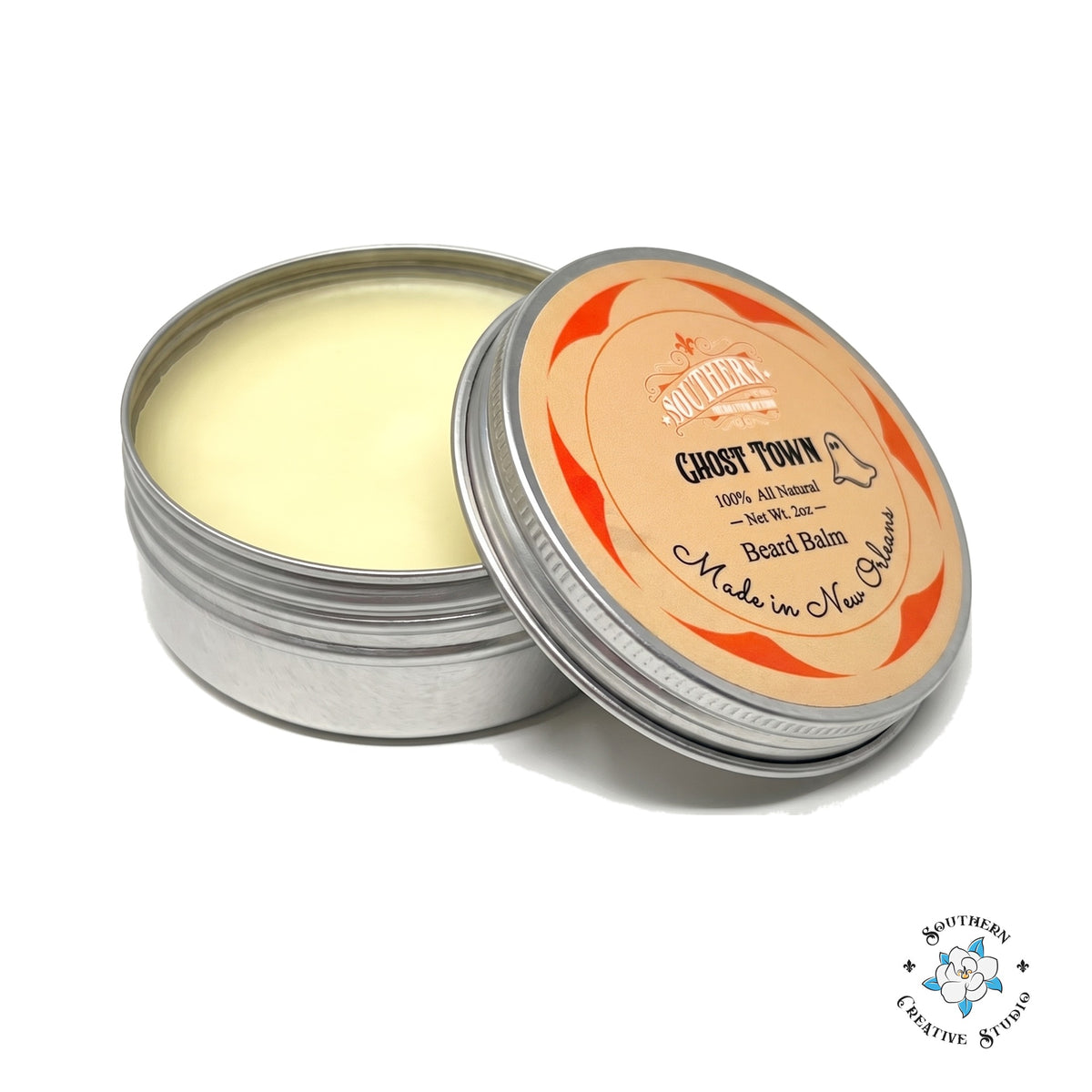 Southern Creative Studio Ghost Town beard balm, open 2 oz tin with lid on white background