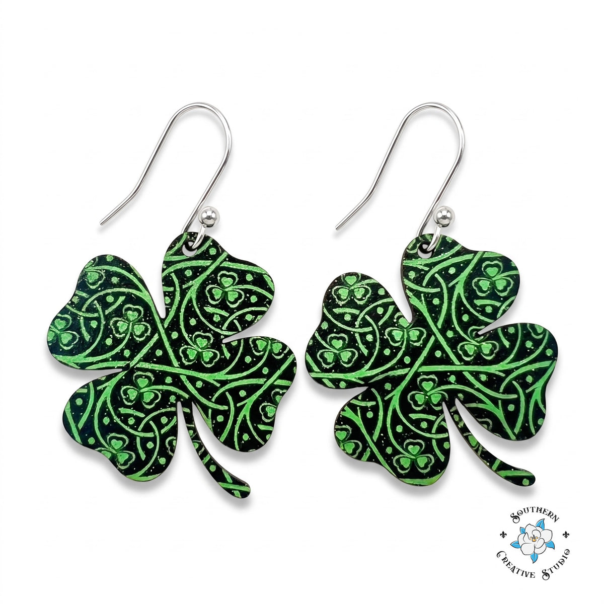 St. Patrick's large Celtic knot four leaf clover earrings on white