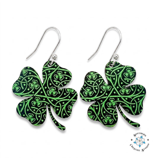 St. Patrick's large Celtic knot four leaf clover earrings on white