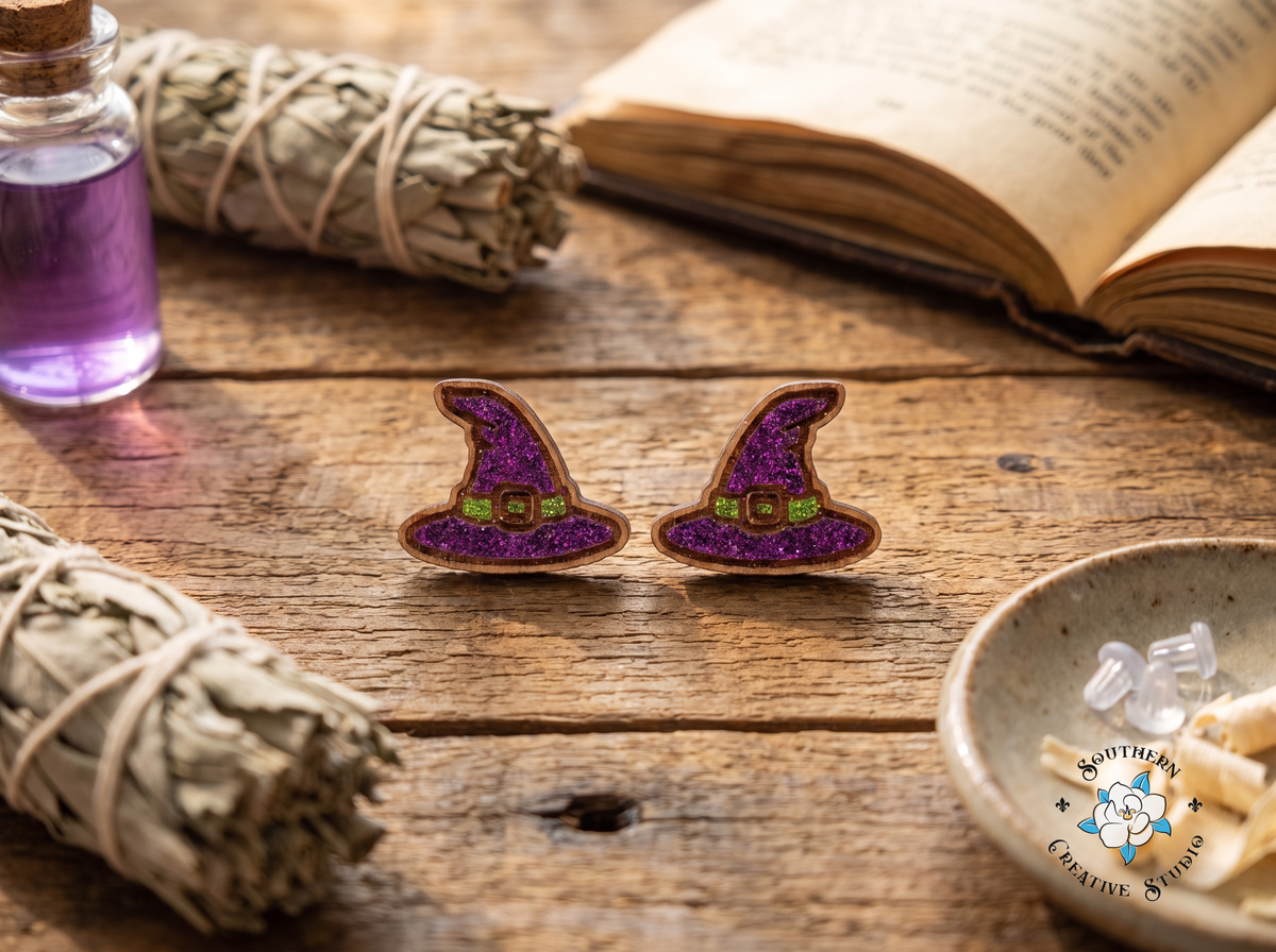 Purple witch hat wood stud earrings with potion bottle, sage and spellbook