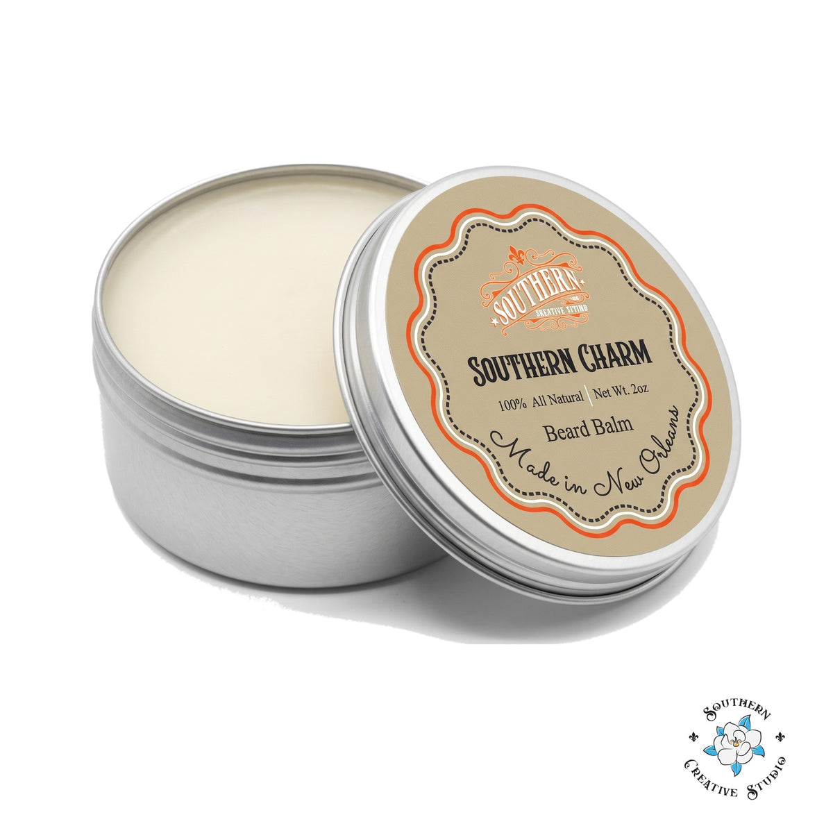 Southern Creative Studio Southern Charm beard balm, open 2 oz tin with lid on white background