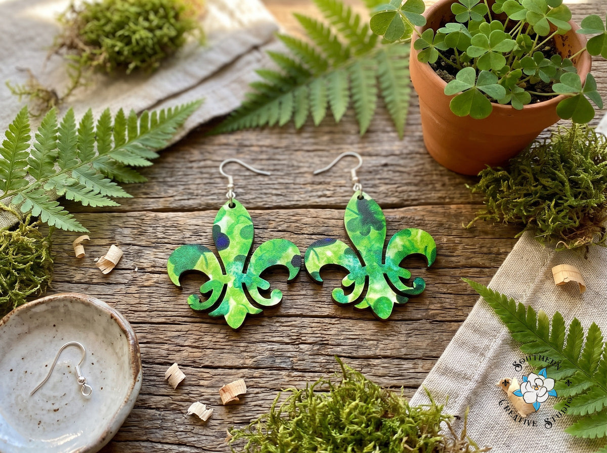Green fleur-de-lis clover earrings styled with ferns, moss and shamrocks