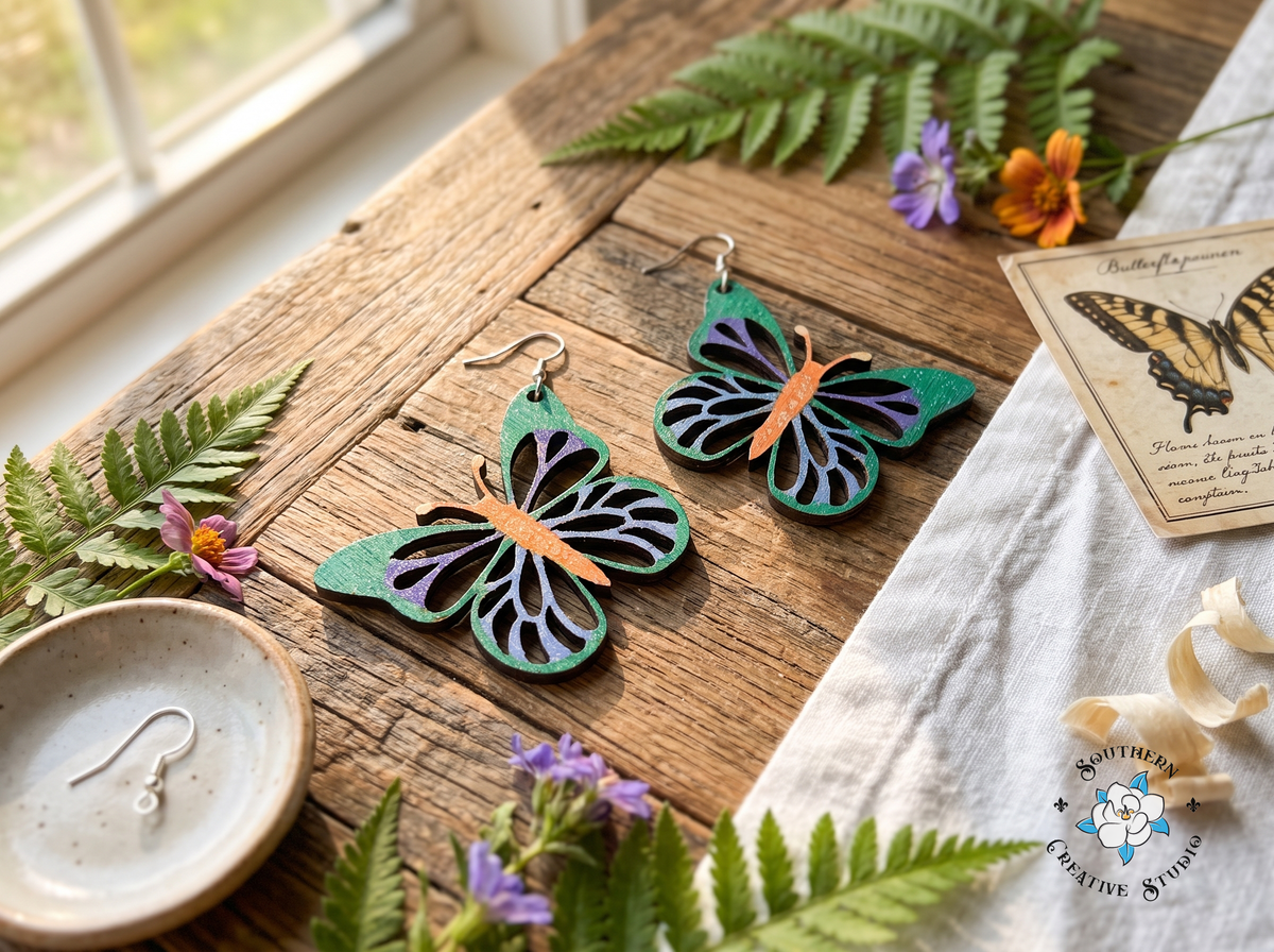 Emerald butterfly earrings with ferns, wildflowers and butterfly specimen card on rustic wood