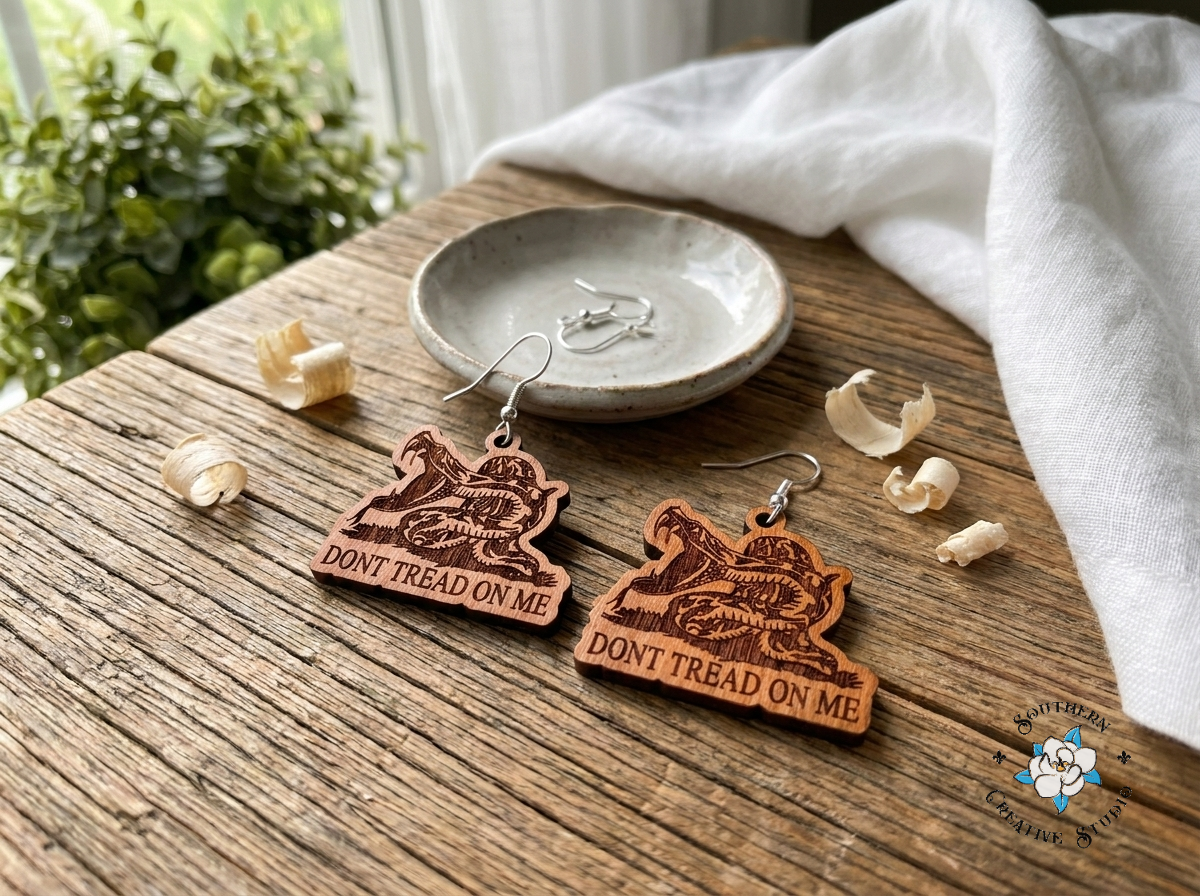 Don't Tread On Me snake hand-painted wood earring styled on rustic wood with greenery