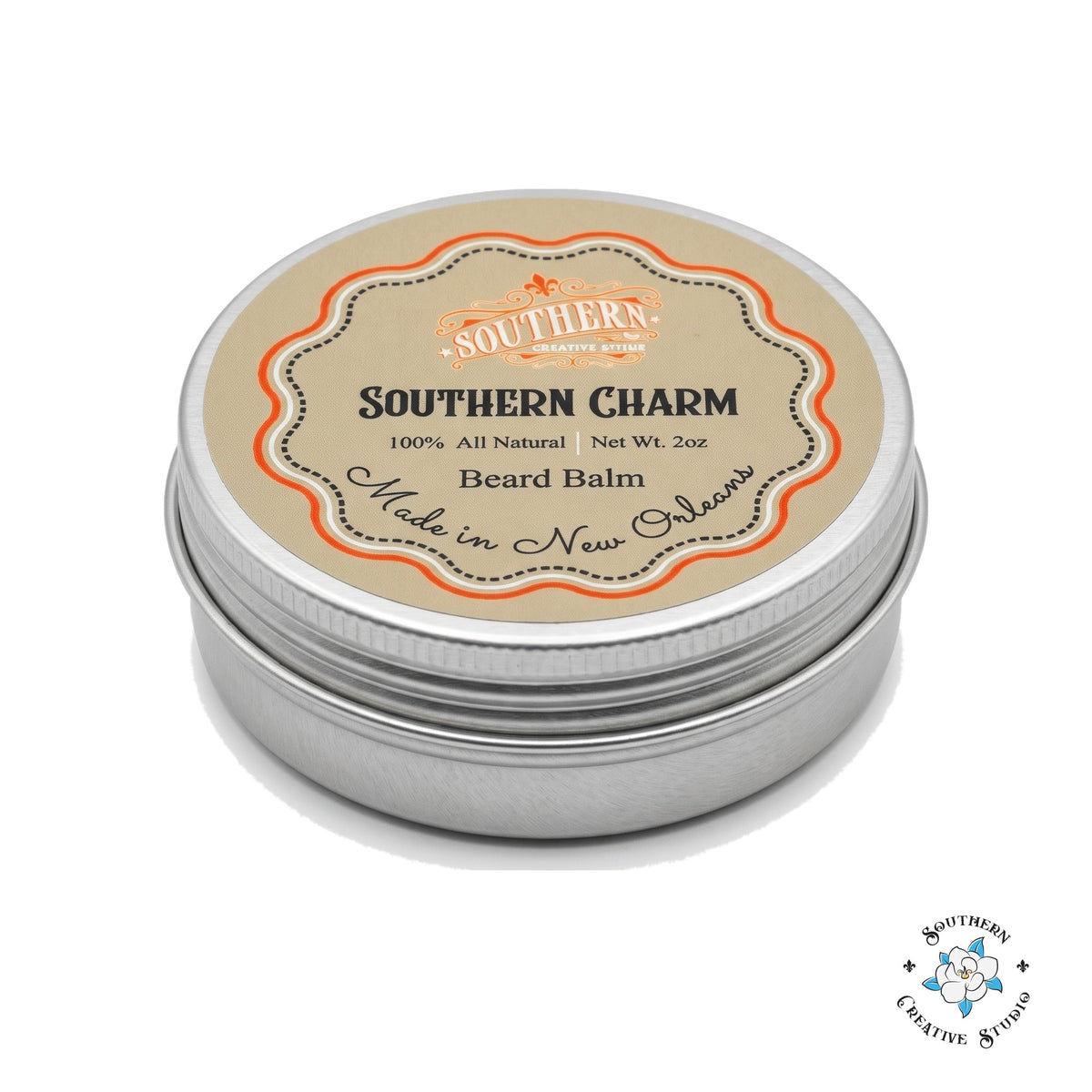 Southern Charm beard balm 2 oz tin with lid on, white background