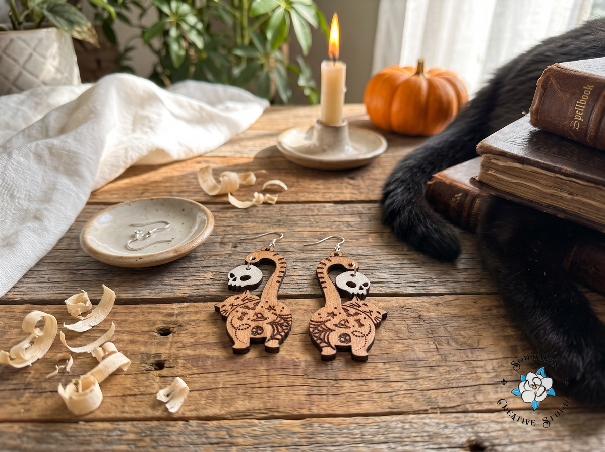 Cat butt skull earrings on rustic wood table with black cat, spellbooks and candle