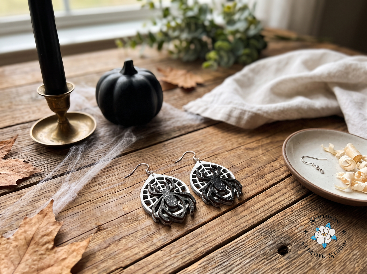 Handmade spider web earrings on rustic wood table with cobweb, black pumpkin and candle