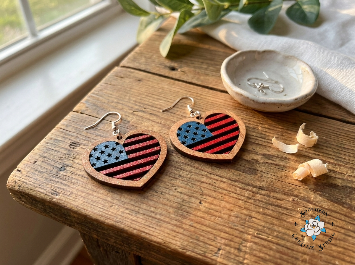 Handmade patriotic heart flag wood earrings styled on rustic wood table