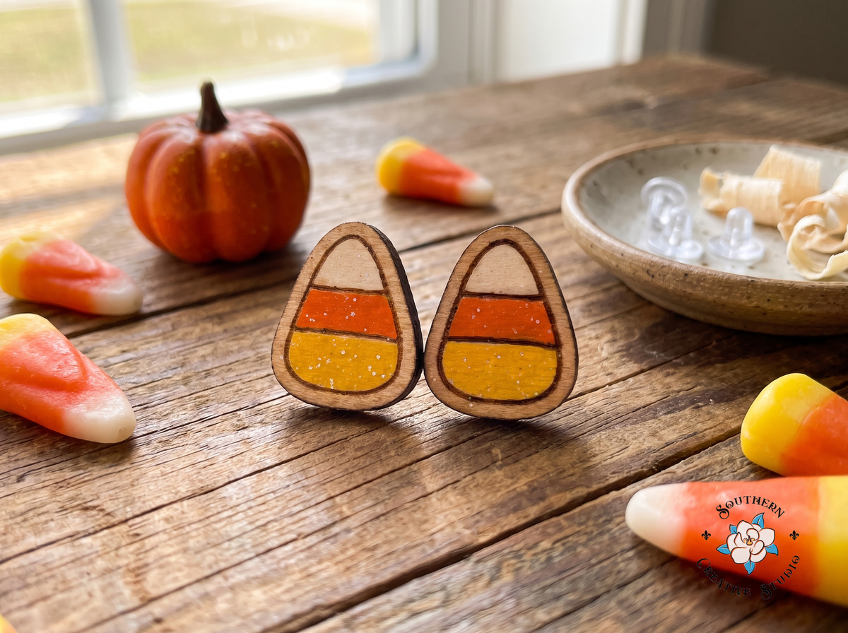 Candy corn wood stud earrings with candy corn and mini pumpkin on rustic table