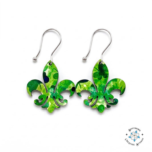 St. Patrick's marbled green fleur-de-lis clover earrings on white, handmade by Southern Creative Studio