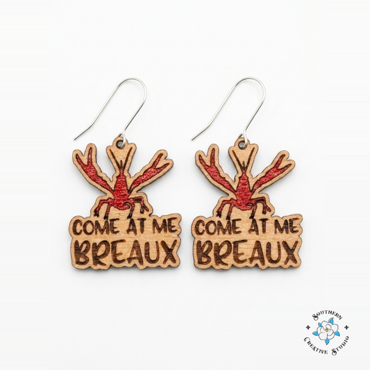 Come At Me Breaux Earrings hand-painted wood earrings on white background – Southern Creative Studio